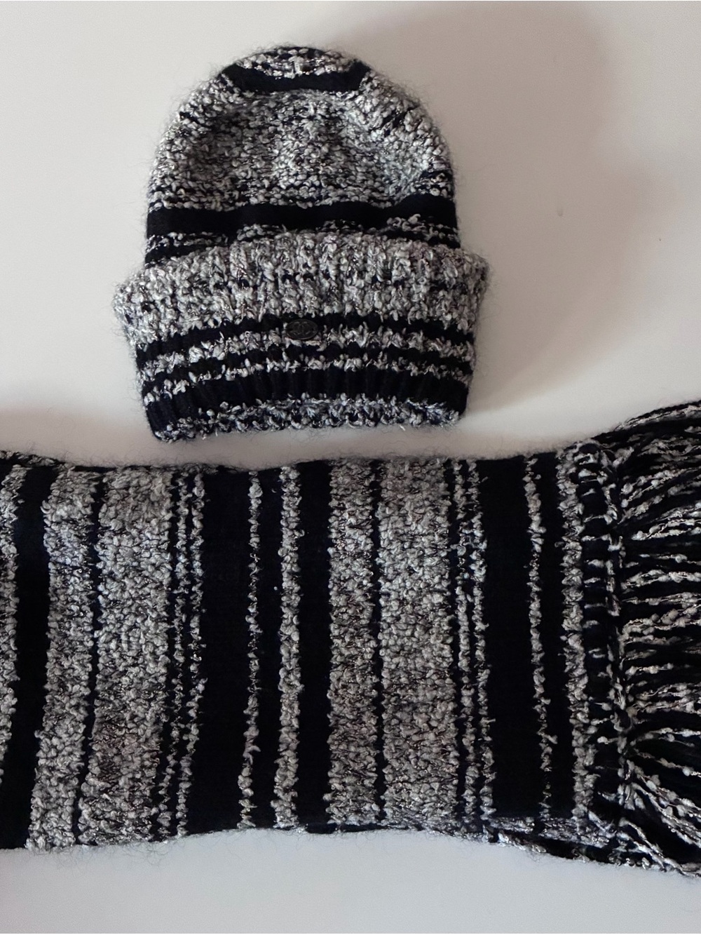 CHANEL Black and White Knit Beanie and Scarf Set